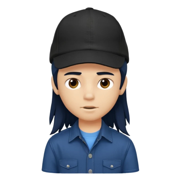 generate a pretty bratz boy wearing a dark blue button up shirt, long black mullet hair. 

Dark blue cap on head sticker