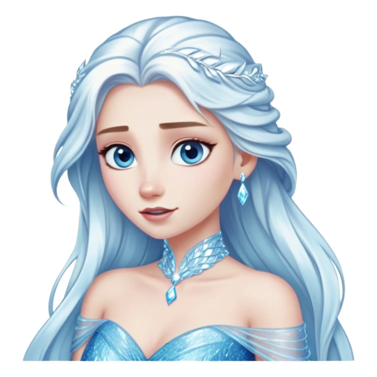 Cinematic Elegant Snow Queen Portrait Emoji, rendered in a realistic, vector-style with minimal shading and bold, simplified shapes. Depict Elsa (chest and above) with icy pale skin, long flowing platinum hair, and piercing blue eyes that exude quiet power, dressed in a shimmering ice-blue gown. The image glows with a soft, frosty radiance and high shine, capturing her ethereal, regal beauty. sticker