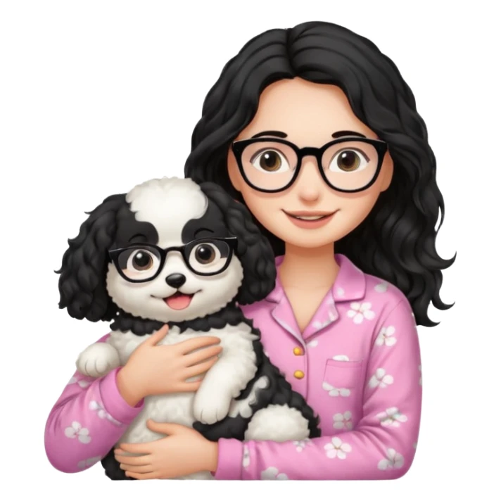 long wavy black haired girl wearing black framed glasses in a pink pjs while holding her fluffy white dog sticker