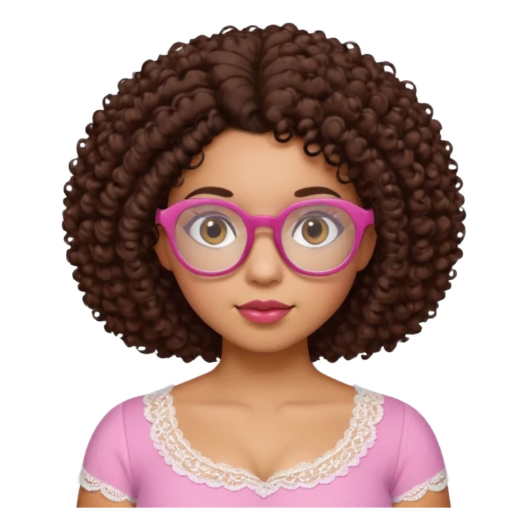 medium-light kinned afro-latina girl with medium length chocolate brown side part curly hair, brown glasses, brown eyes, pink and white sweetheart necklined top with lace, round wide-ish nose, chubby oblong face sticker