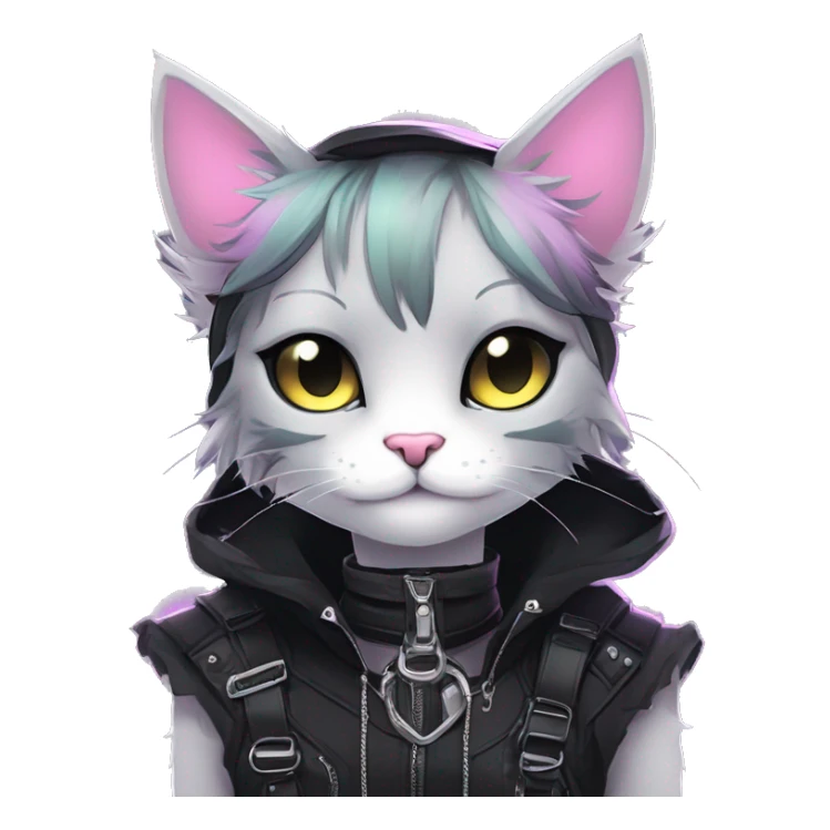 Gorgeous edgy epic punk magical gradient gothic dark techwear anime style anthro cat with blushing face aesthetic and pretty edgy black with collar and harness trending style sticker