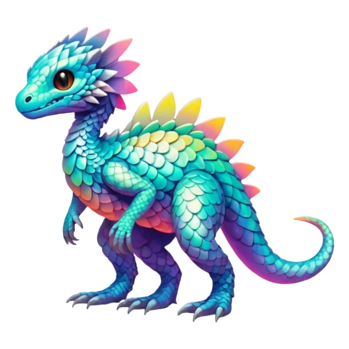 futuristic lush warm-colored iridescent whitish silvery scaley neon-colored Fakémon-Trico-creature (full body) sticker