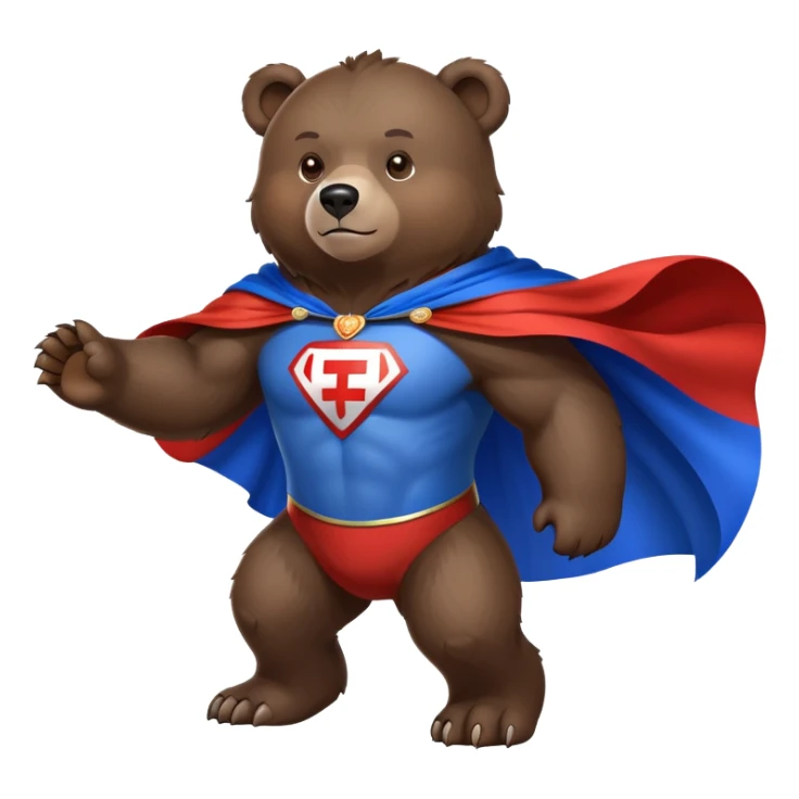 Medium-dark brown bear on four legs with Russian flag as a flowing cape, white, blue and red cloth draped over its back like a superhero cape sticker