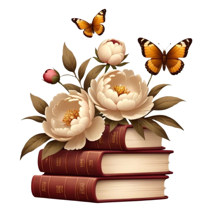 Peonies in muted beige and amber tones stand among rustic brown-red books. Gentle brown butterflies dance in the soft, vintage light. sticker
