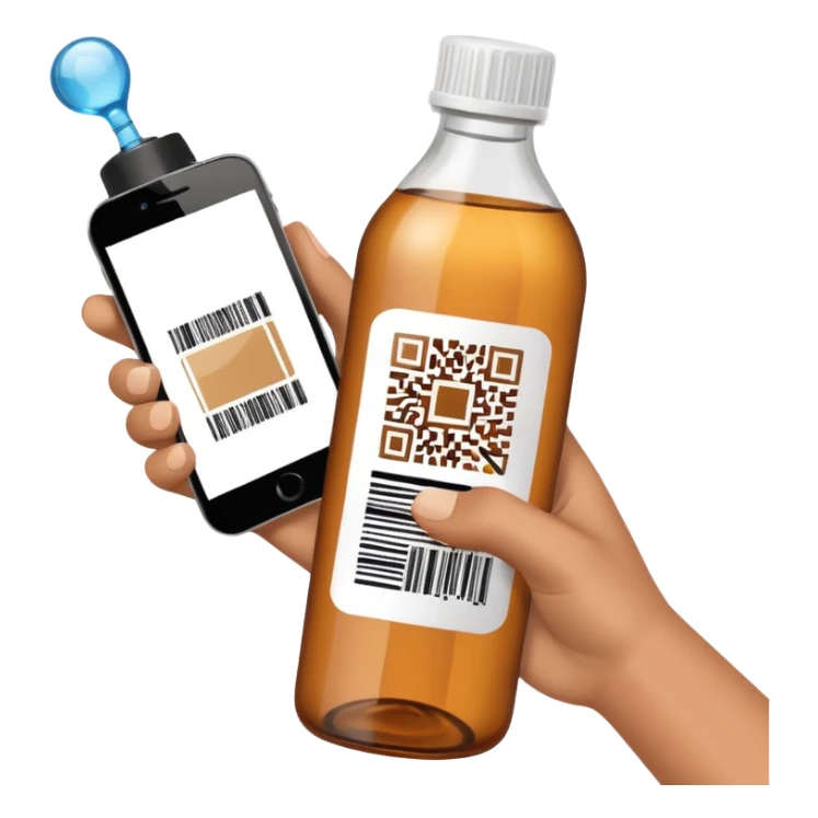 hand holding a phone scanning a barcode on a bottle, both hand and phone clearly visible, no text sticker