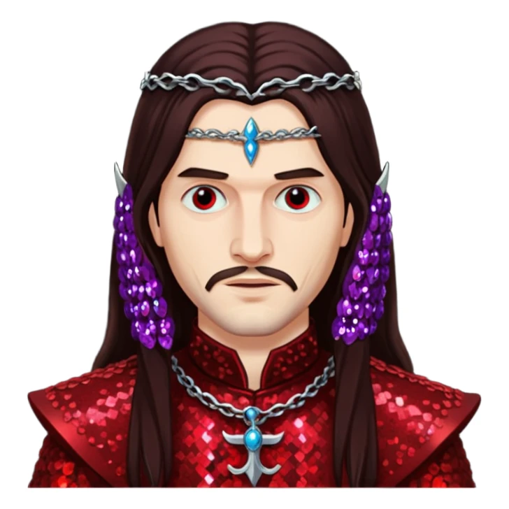Vlad Tepes with long dark brown hair, dark red sequin outfit sticker