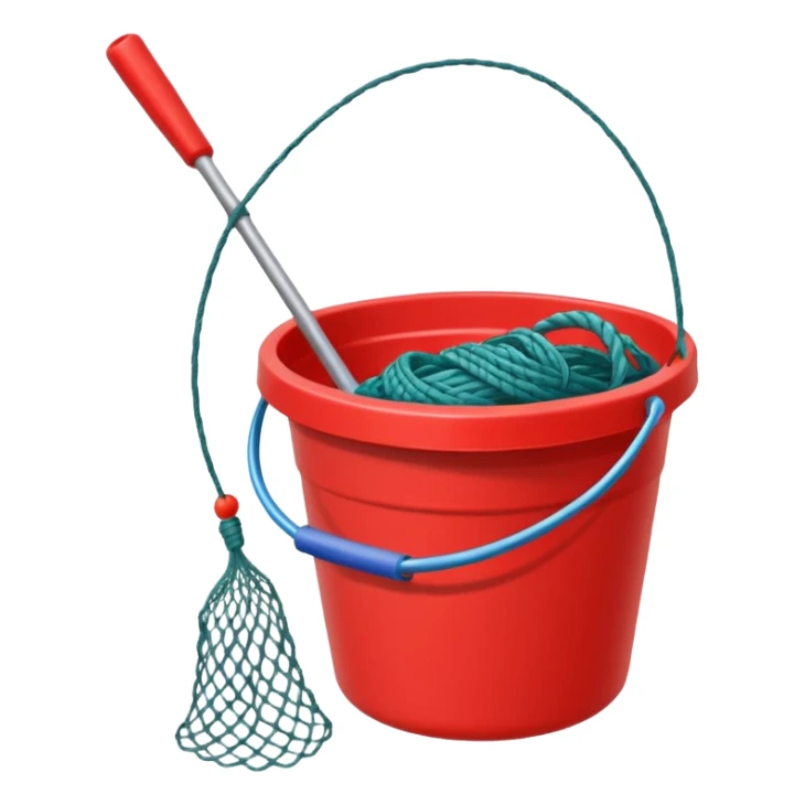 A small red bucket with a fishing net leaning against it.
 sticker