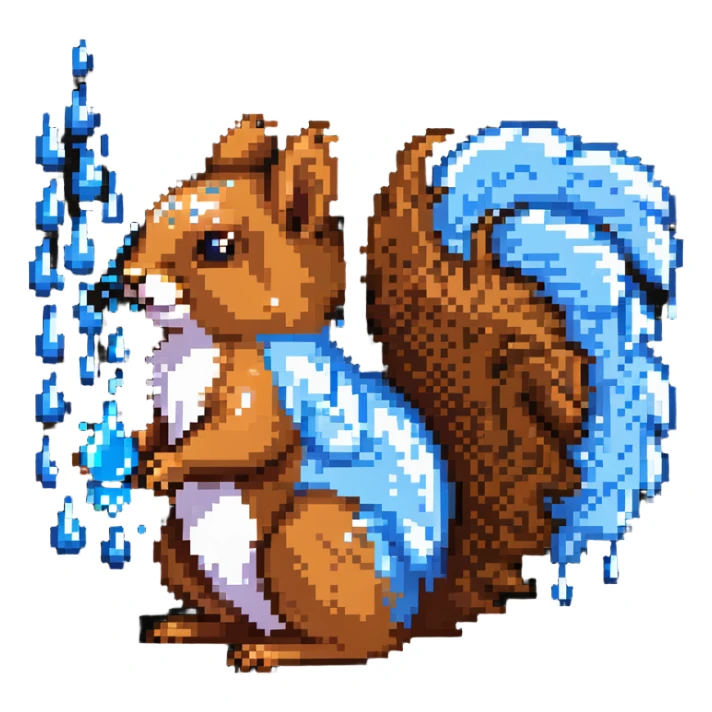 Pixel art squirrel with distinct brown fur, bushy tail, and obvious blue drool dripping from mouth in multiple pixel droplets sticker
