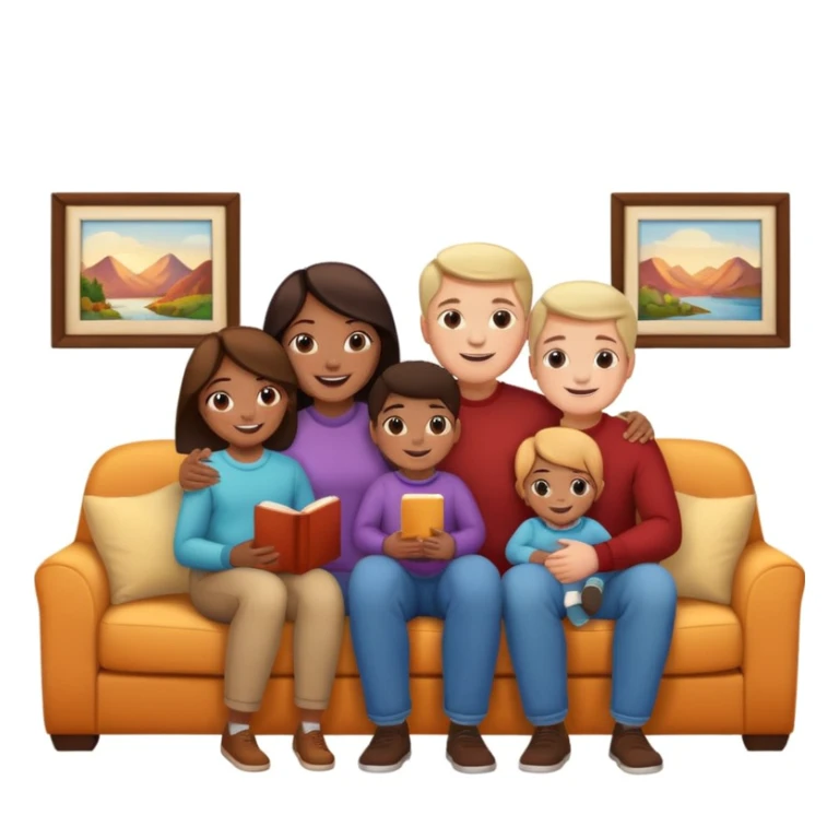 family posing for photo, living room background sticker