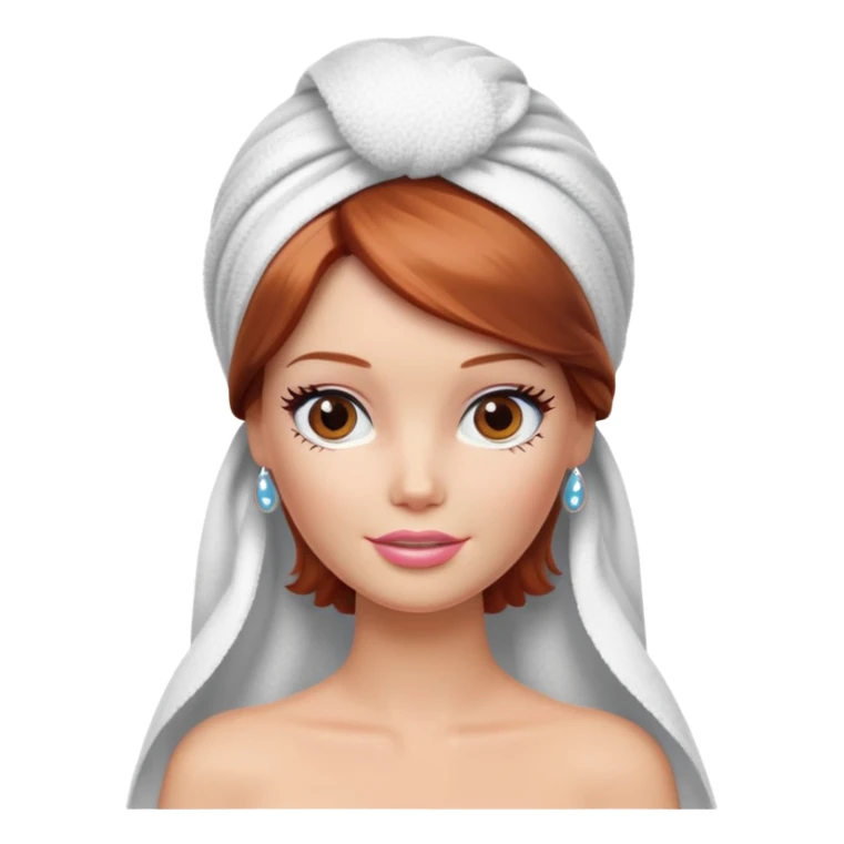 A Barbie face with shoulder-length reddish brown hair, makeup with cream on her face and a towel on her head sticker