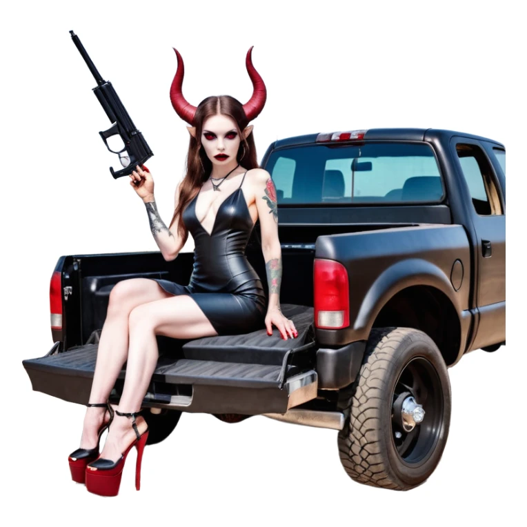 Lilith model red eye sexy black  devil horns.  long brown haired sexy succubus woman with leather long dress slit, sitting on big Large F350 pickup truck. Black Platform high heels on feet. Tattoo sleeve arms, dead human skull of her ex skull is on top of stack of cash and a gun in  hand sticker
