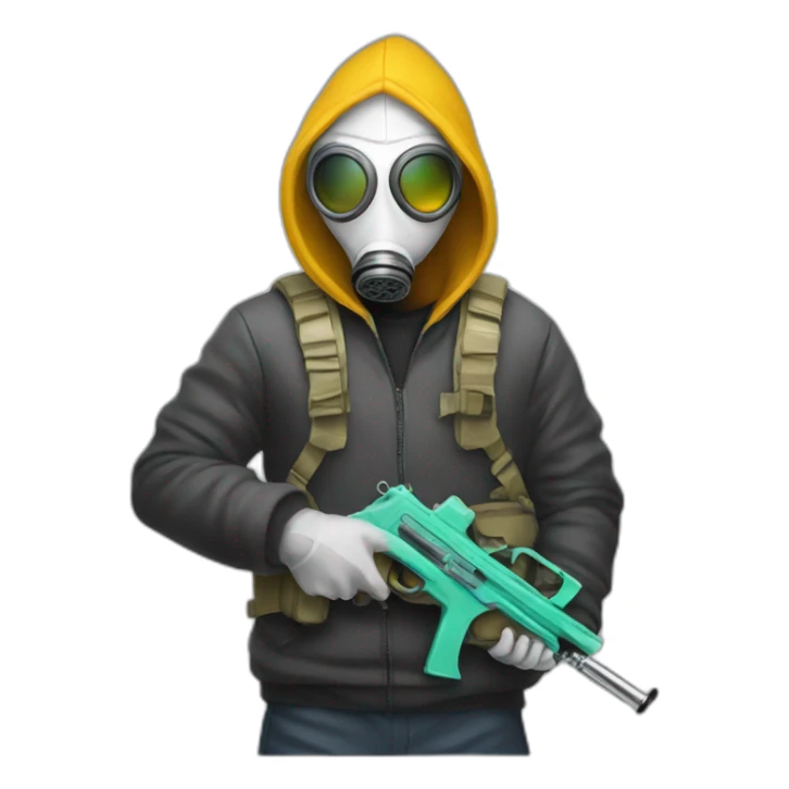 white man with hoodie and gas mask and paint gun sticker