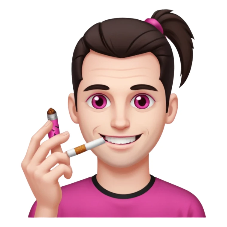 A white man with dark brown hair in a ponytail, oversized bloodshot pink eyes, grinning, smoking a long roll up sticker