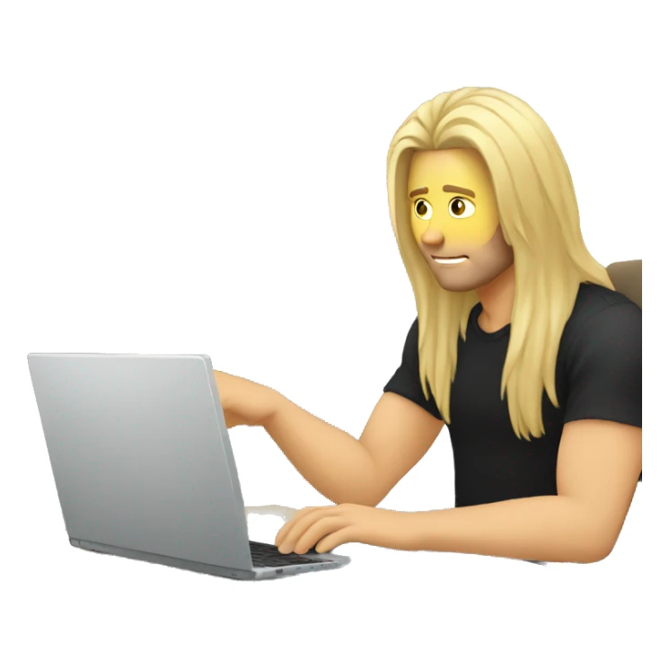 White man long hair on arms looking at a laptop sticker