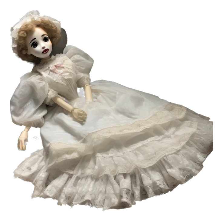 broken broken, porcelain doll, lying on the ground with cracked in the Lacey puff sleeve Victorian, vintage gown, white Mary Janes, with bows in her hair ￼ ￼￼ sticker