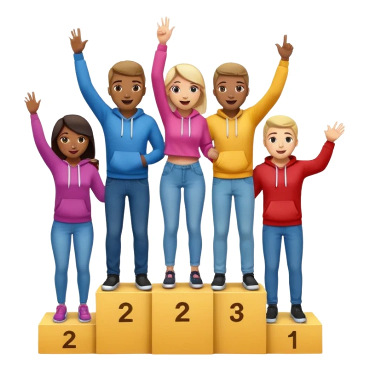 multi-racial men and women standing on a winners’ podium with the middle podium position elevated, no numbers on podium, casually dressed in fun colorful jeans t-shirts and hoodies, excited fun expressive emoji style sticker