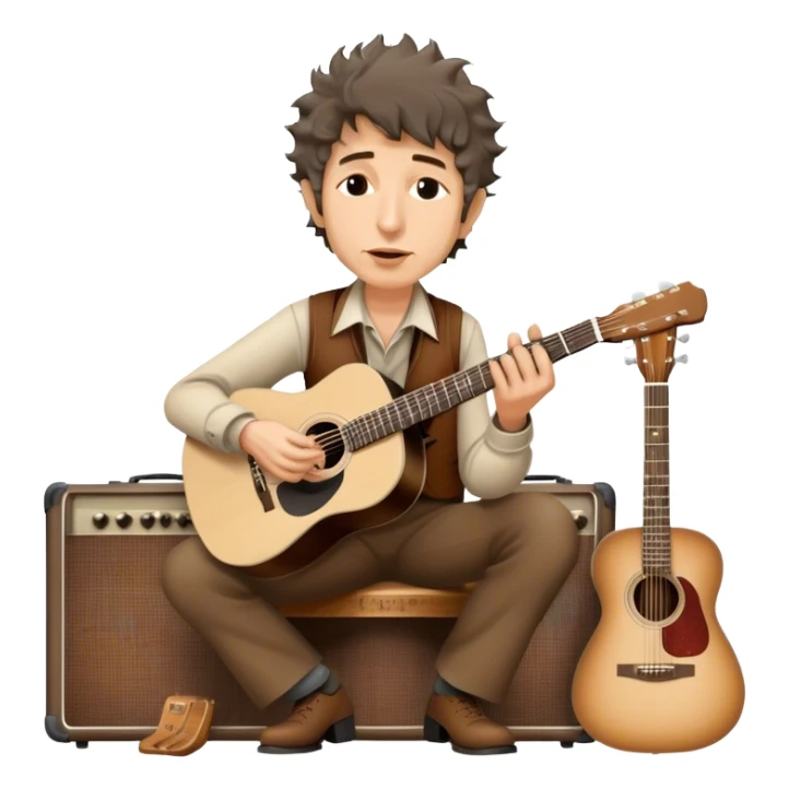 Icon for Folk Music: Bob Dylan with his harmonica and acoustic guitar, performing with his band on stage. The atmosphere should be intimate and nostalgic, capturing the soul of folk music with simple instruments and natural vibes. Transparent background. sticker