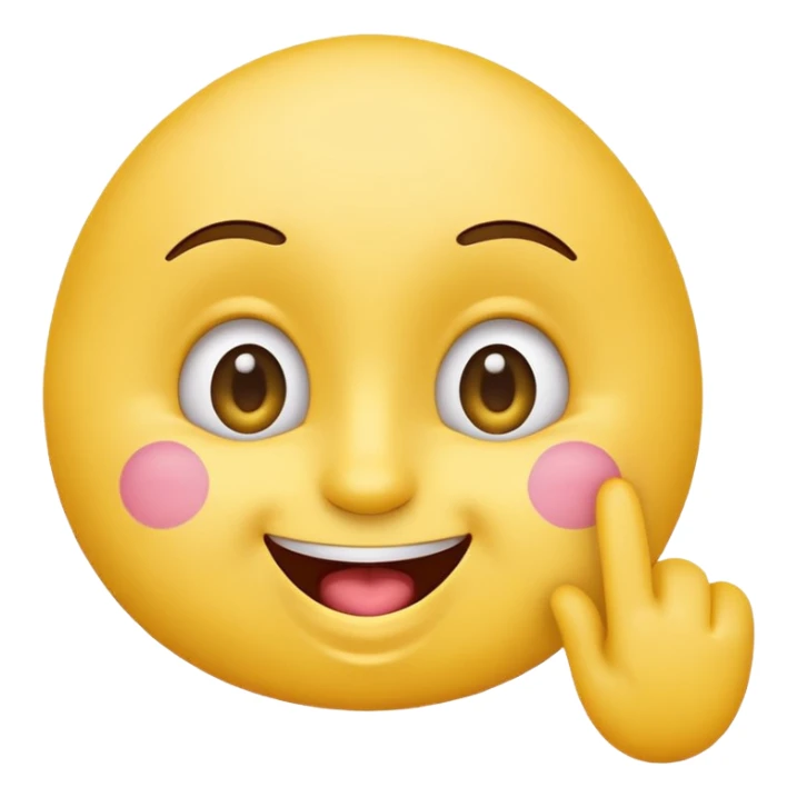 cute, playful emoji character inspired by the 🙃 upside-down face style. Rounded yellow face, big expressive eyes, cheerful smile with mouth slightly open. One hand raised with a finger gently touching the inside of the mouth in a thinking / cheeky gesture (not sexual). sticker