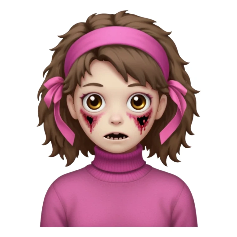 brown fluffy haired zombie with pink turtleneck sweater and hair band sticker
