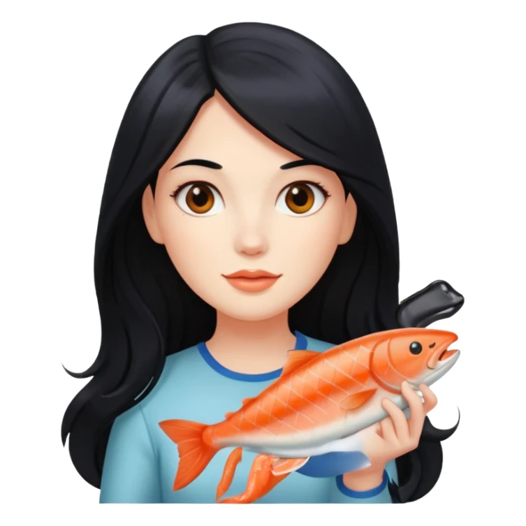 White lady with long black hair and a round face holding a salmon  sticker