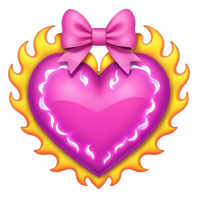 neon heart with a pink bow with heart pattern on the bow, with flames sticker