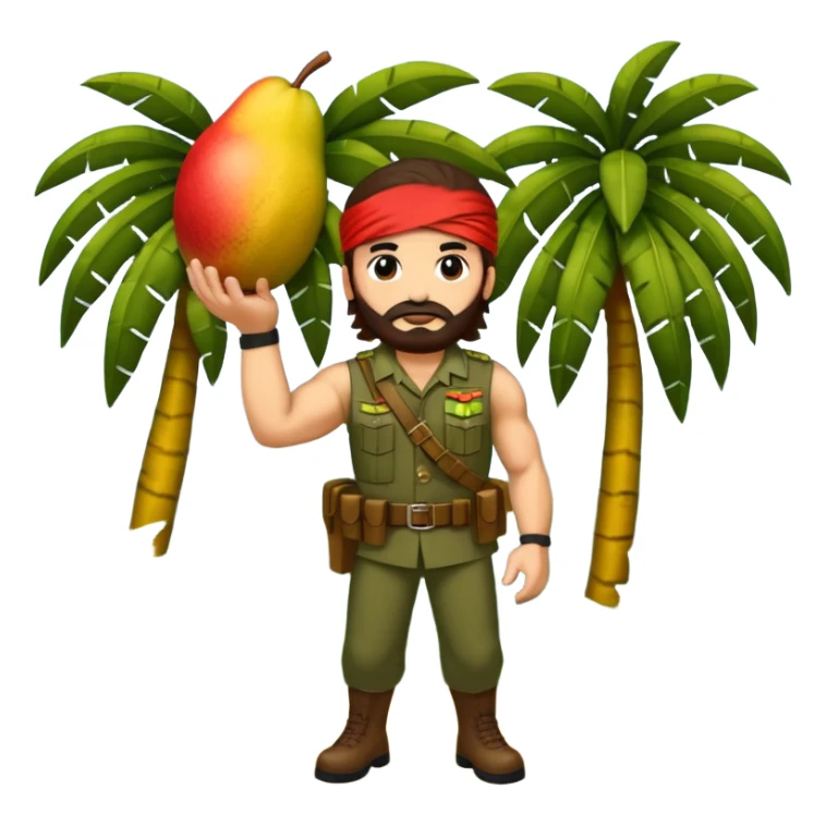 quiero que crees la imange de un Mango con Brazos fuertes y piernas como las de un culturista, que lleve uniforme militar de selva y que tenga pelo largo y una bandana roja en la cabeza como la de rambo y tambien que este en posicion de ataque con una ametralladora pixelart sticker
