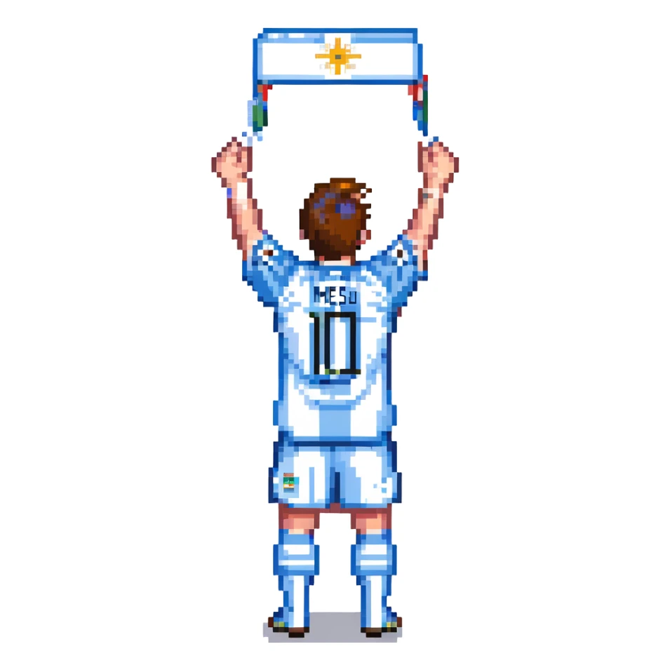 pixel art Lionel Messi in Argentina jersey, arms raised sticker