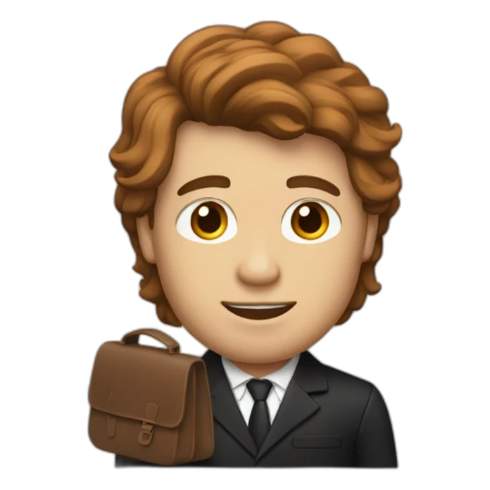 man in black suit with brown locks and work bag sticker