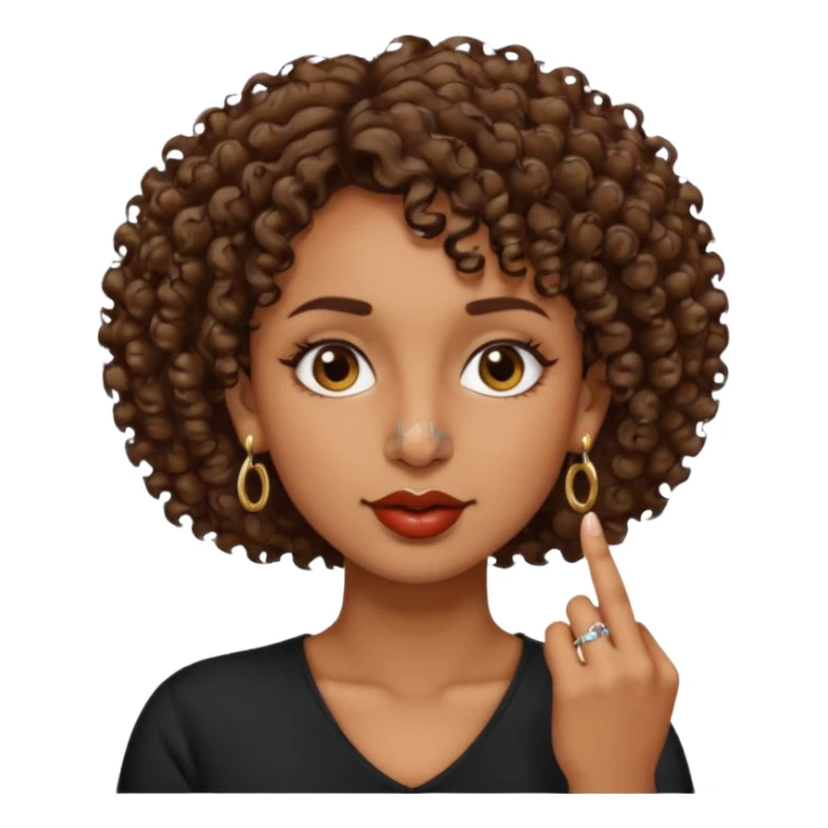 faça uma mulher com o cabelo curtinho cacheado com piercing no nariz e brincos e o dedo indicador no canto da boca morena, faça igual a segunda foto só que com o dedo na  boca mesmo  sticker