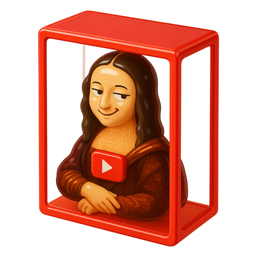 Mona Lisa with a playful sarcastic grin, red YouTube play button, glossy circuit style, in red box sticker