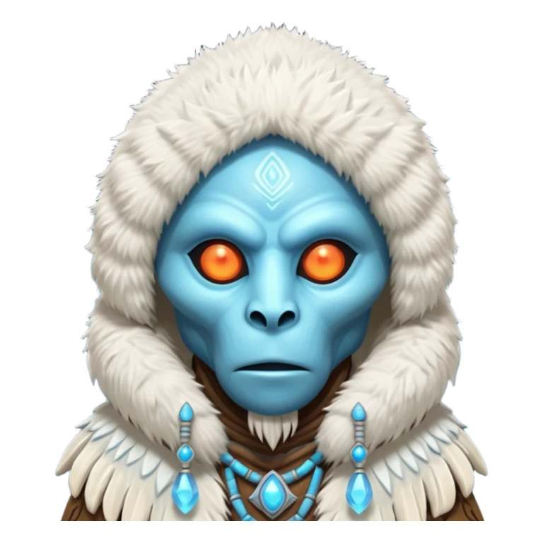 ancient arctic alien shaman portrait, head and shoulders only, Inuit-inspired fur hood, carved bone ornaments, glowing cosmic eyes, icy alien skin, spiritual sci-fi vibe, 3D cartoon, mobile game icon style, clean background, no text, no watermark


 sticker
