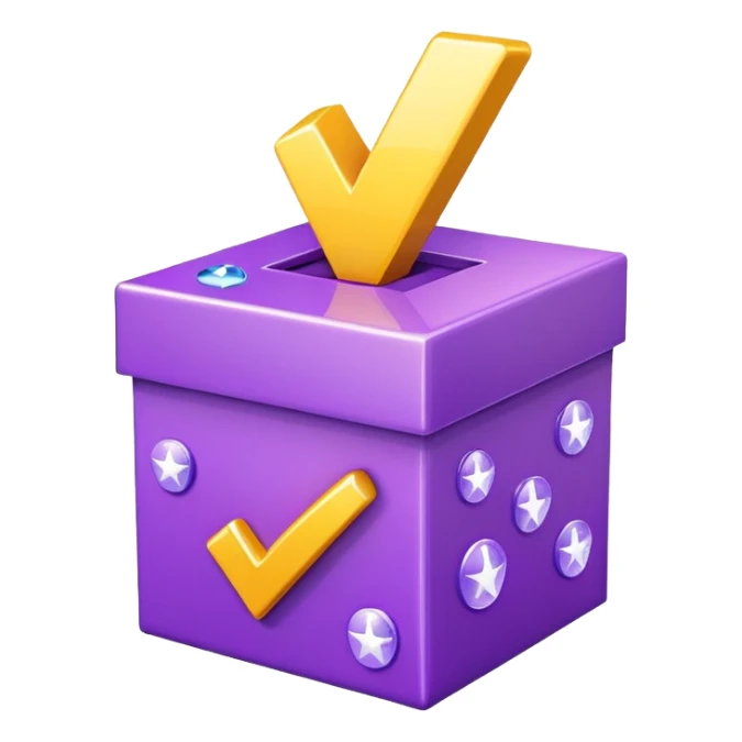 3D emoji of a box with checkmark and sparkles, completed task symbol, in friendly cartoonish purple style sticker