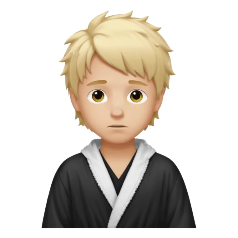 Create a blond boy with long, messy hair, light eyes, a white t-shirt, rich, with long hair, blue eyes, medium-length, voluminous hair, wearing a black Nike bathrobe and a little blush near his nose. sticker