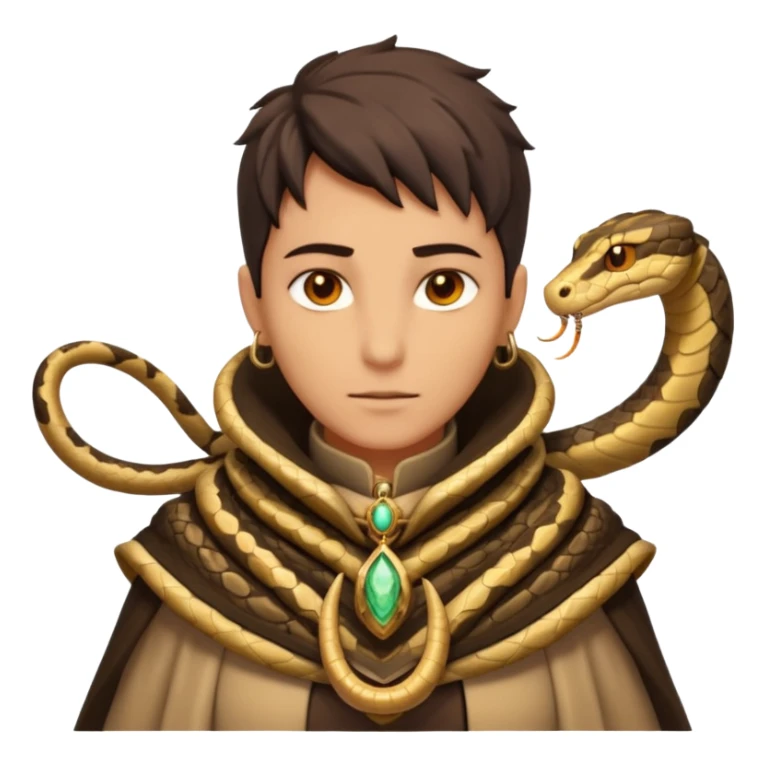 desert sand mage portrait, head and shoulders only, serpent-patterned cloak collar, snake charm necklace, sand vortex around shoulders, glowing amber eyes, 3D cartoon, mobile game icon style, clean background, no text, no watermark
 sticker