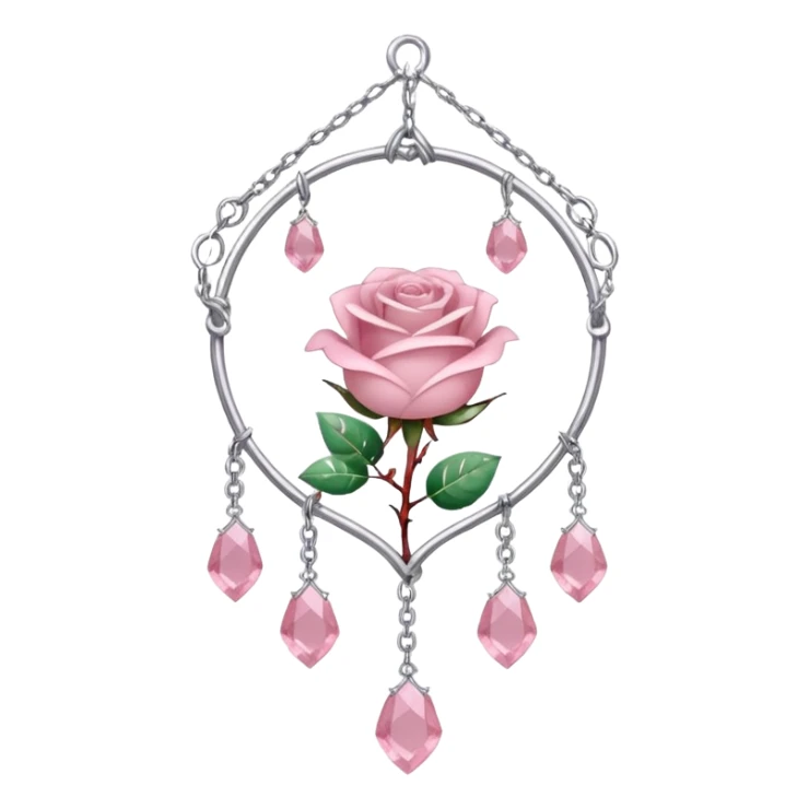 Rose-pink-metal-chained rose-quartz-crystallic romantic delicate fine pretty suncatcher  with tiny red roses, silvery vines, tiny quartz crystals sticker