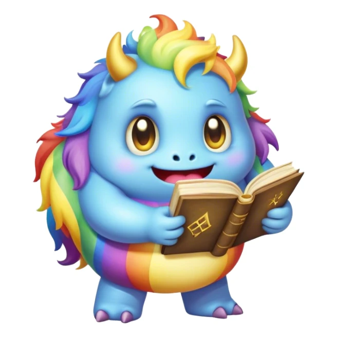 Kawaii derpy fat rainbow monster with magic spell book, rich textures, visually rich, so lifelike that it feels like it could leap off the page at any moment sticker