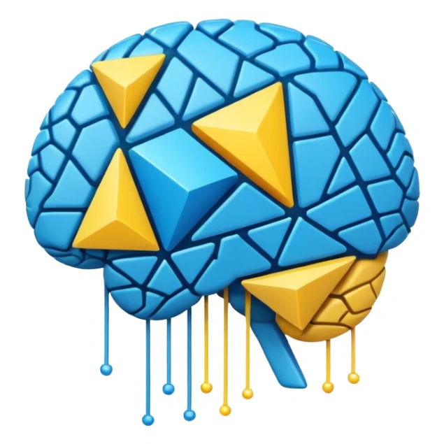 Geometric brain icon, YouTube triangle play button merged with neural network pattern, abstract minimalist design, vector art, vibrant colors, tech-inspired, clean lines, square format for app icon sticker