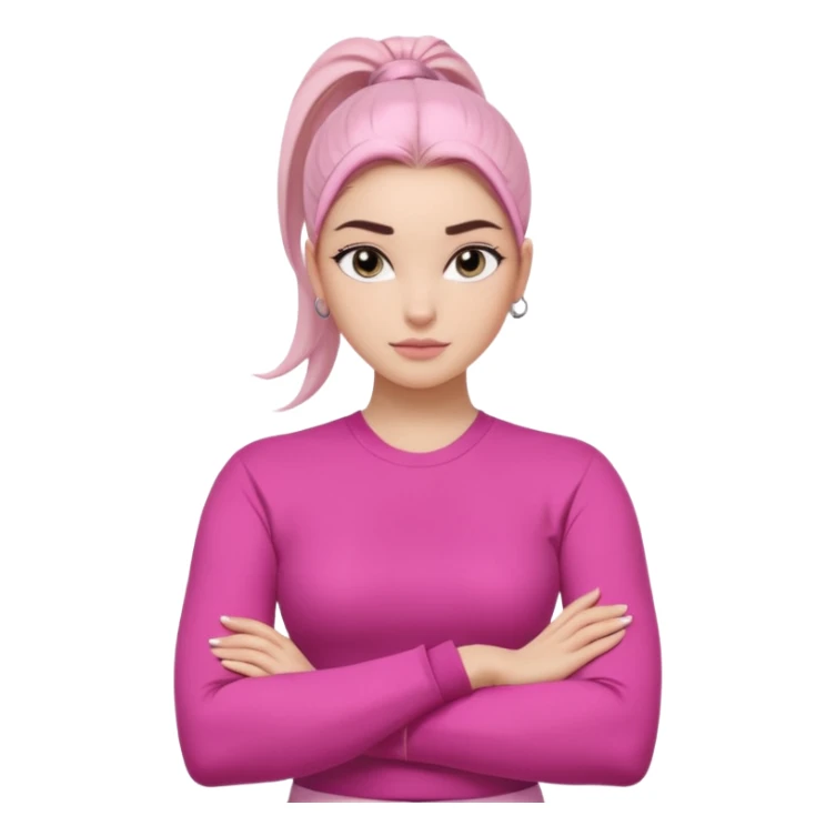 Character: Go-getter, confident, intelligent, composed
Emoji Look:

Light gray eyes, very noticeable

Well-shaped eyebrows, strong appearance

Upper ponytail

Street fashion look
Fair skin with a pink undertone

Arms crossed pose
Feeling: Girl Boss, cool beauty, minimal but powerful sticker