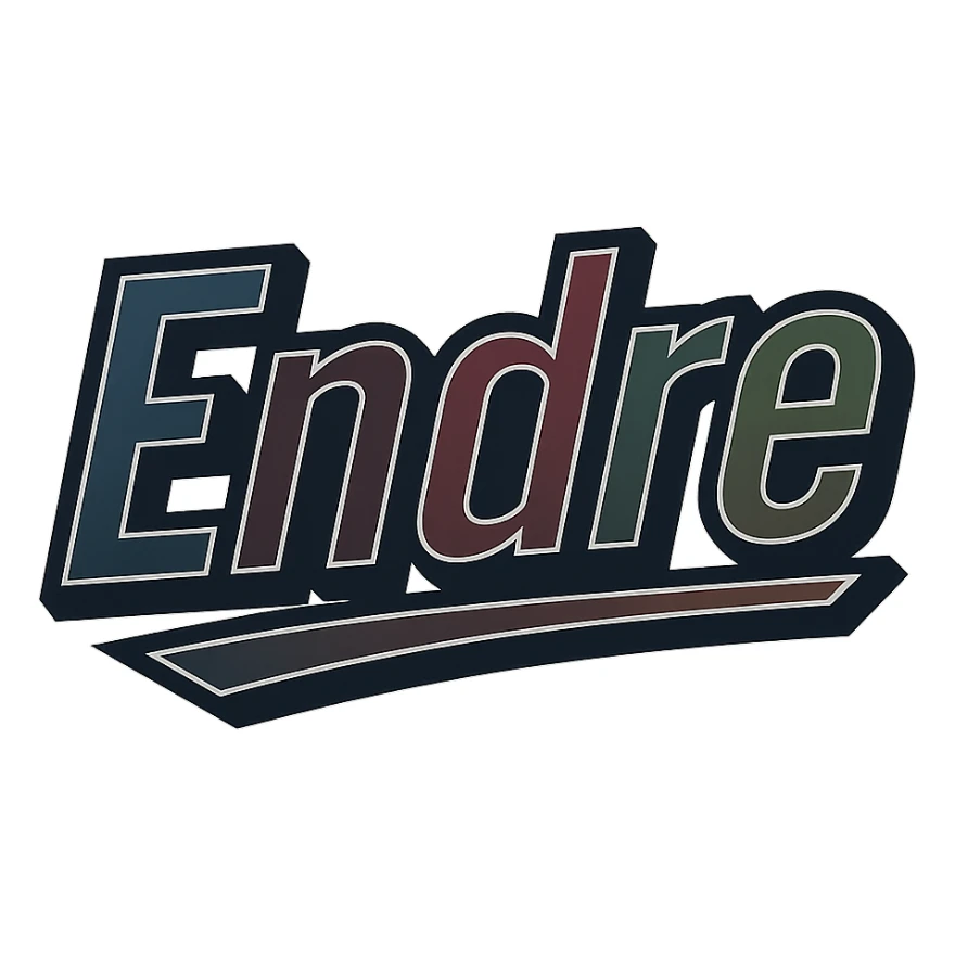 Endre name in masculine, modern, gradient font with dark contour, thin and clearly visible white border around letters, dynamic slanted underline, masculine color shades (blue, gray, burgundy, green, brown), 1000x1000 px, PNG, transparent background, in the style of the uploaded Attila sample. sticker