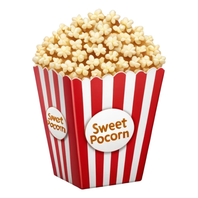 minimalist sweet popcorn emoji style, red and white popcorn box, caramel popcorn sticker
