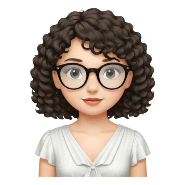 create a frontend girl that has a round face curly hair with a side curtain bangs and wears black rayban glasses doesnt smile with her teeth and white sticker
