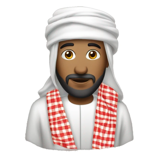  Wearing a traditional thobe (long white garment) and a red-and-white checkered keffiyeh (headscarf), short beard. sticker