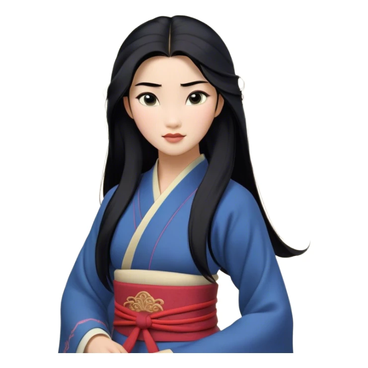 Cinematic Realistic Mulan Portrait, depicted with lifelike skin texture, soft natural lighting, and intricately detailed long black hair styled elegantly. Her deep, expressive eyes exude determination and grace, complemented by a serene yet confident expression. She is dressed in her classic attire, with rich fabric textures and delicate folds that catch the light beautifully. The portrait features a soft, enchanting glow with a natural, radiant finish, capturing the essence of timeless strength and beauty in a realistic and painterly style, evoking a sense of depth and authenticity. sticker