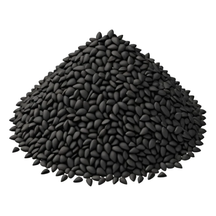 small scattered heap of tiny matte black seeds with irregular triangular shapes and slightly rough texture, loose organic pile with a few seeds dispersed around the base, no bowl or extras, apple emoji style, soft lighting, subtle shadows, transparent background, emoji scale sticker
