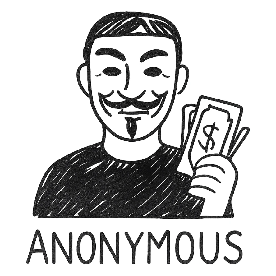 A man in black clothes with an Anonymous mask, holding money, ember text sticker