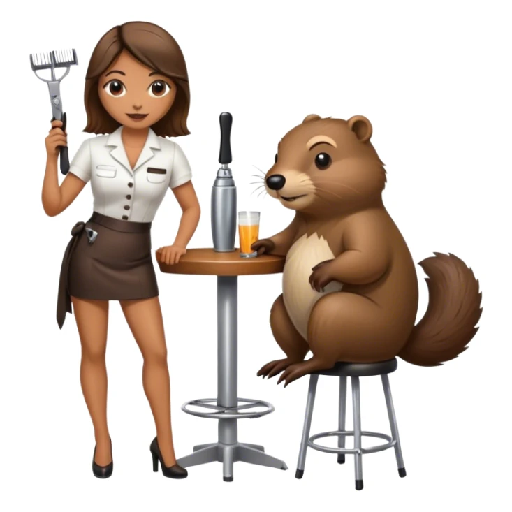 Woman standing beside bar stool with beaver sitting on bar stool holding a pair of hair clippers sticker