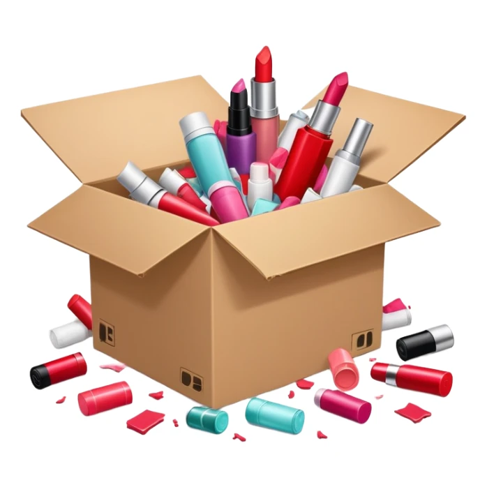 cardboard box bursting open with lipsticks, shampoo, and nail polish scattered everywhere, symbolizing disorganization sticker