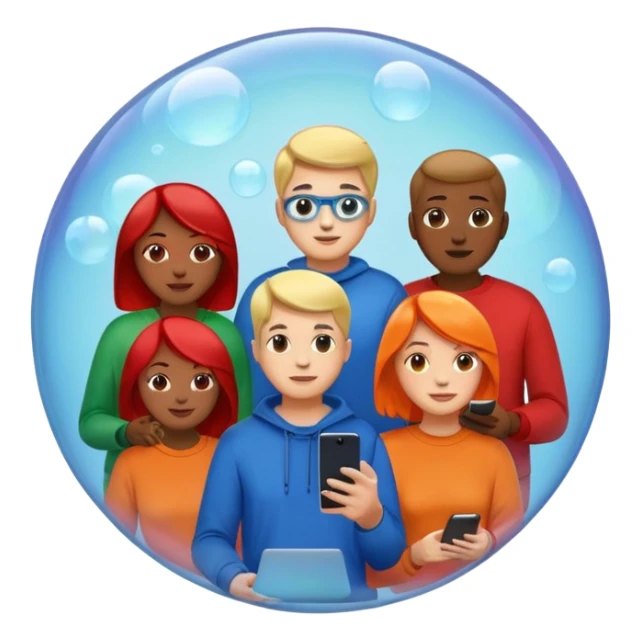 Multiple people inside colorful transparent bubbles (blue, red, orange, green), each using a smartphone or laptop. The people are in casual clothing, and the background is a simple cityscape with soft lighting. Emoji-style, clean and modern design. sticker