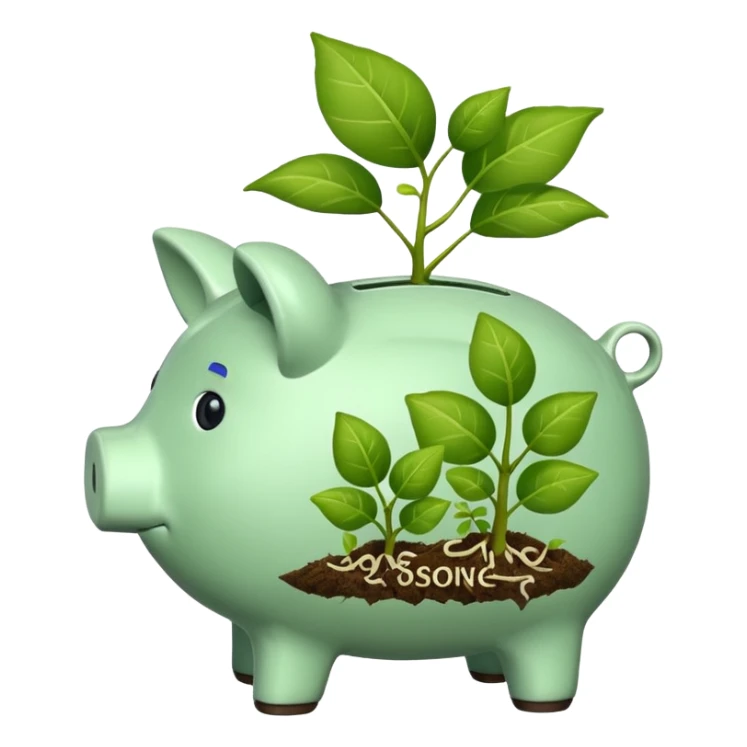 A piggy bank with plants visibly growing from the sticker