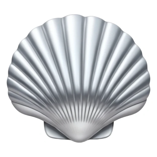 A seashell emoji made of polished silver chrome, smooth curved surface, reflective metallic highlights, elegant minimal design, iOS emoji style, centered, clean white background, soft lighting sticker